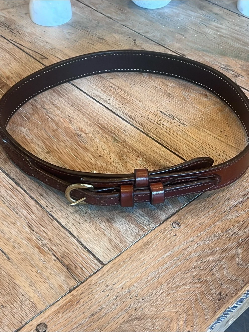 Men's Brown Leather Dress Belt with Polished Brass Buckle Fits 31” Waist Western